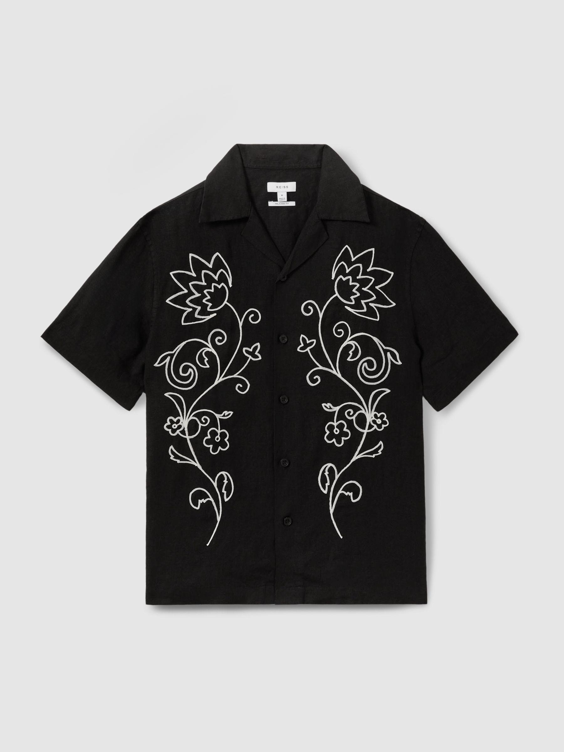 Linen Embroidered Cuban Collar Shirt in Black/White Product Image