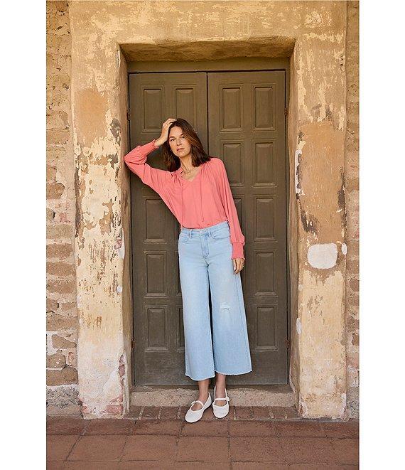 NYDJ Gemma Split V-Neck Smocked Long Sleeve Curved Hem Blouse Product Image