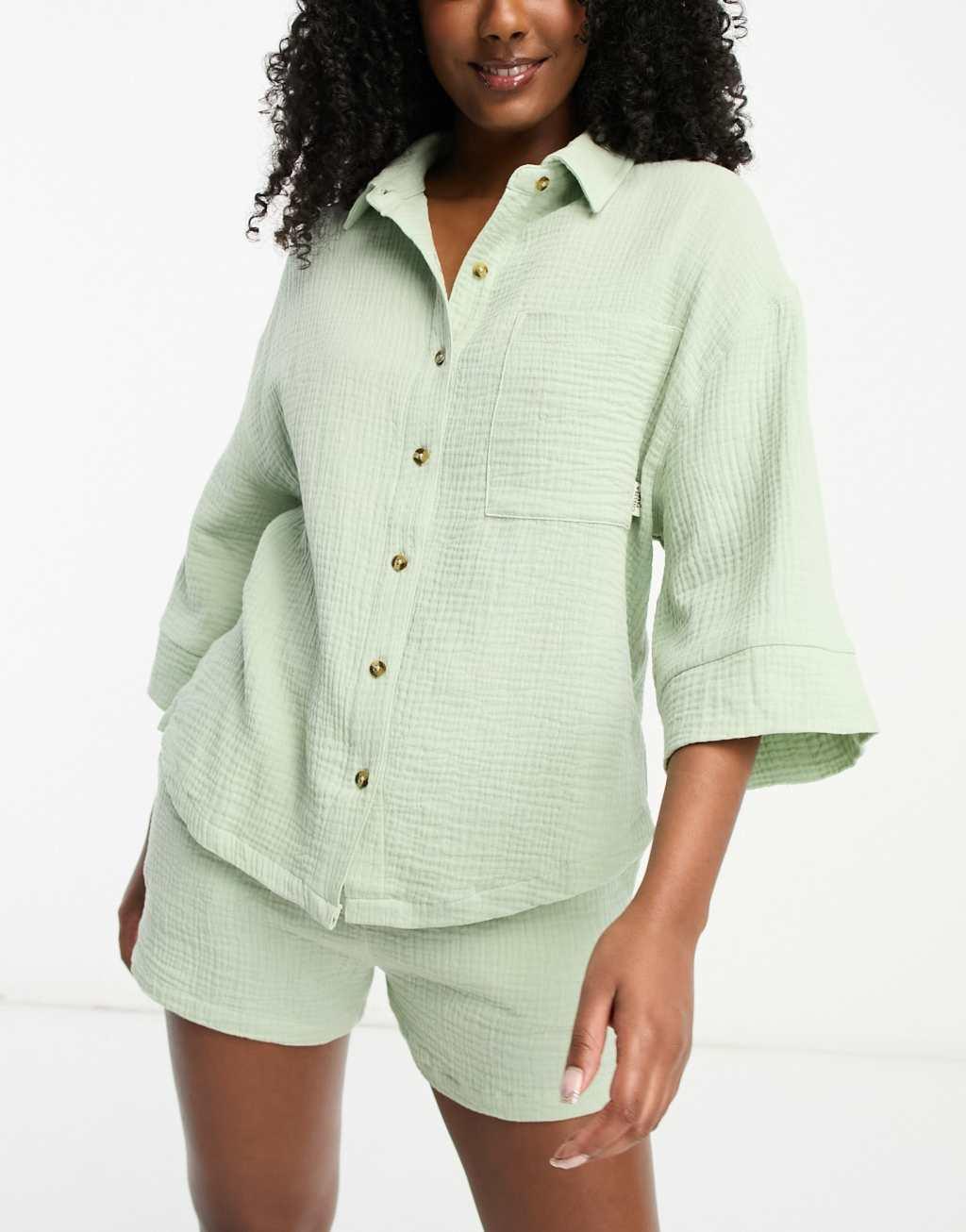 Chelsea Peers cotton seersucker short pajama set in green Product Image