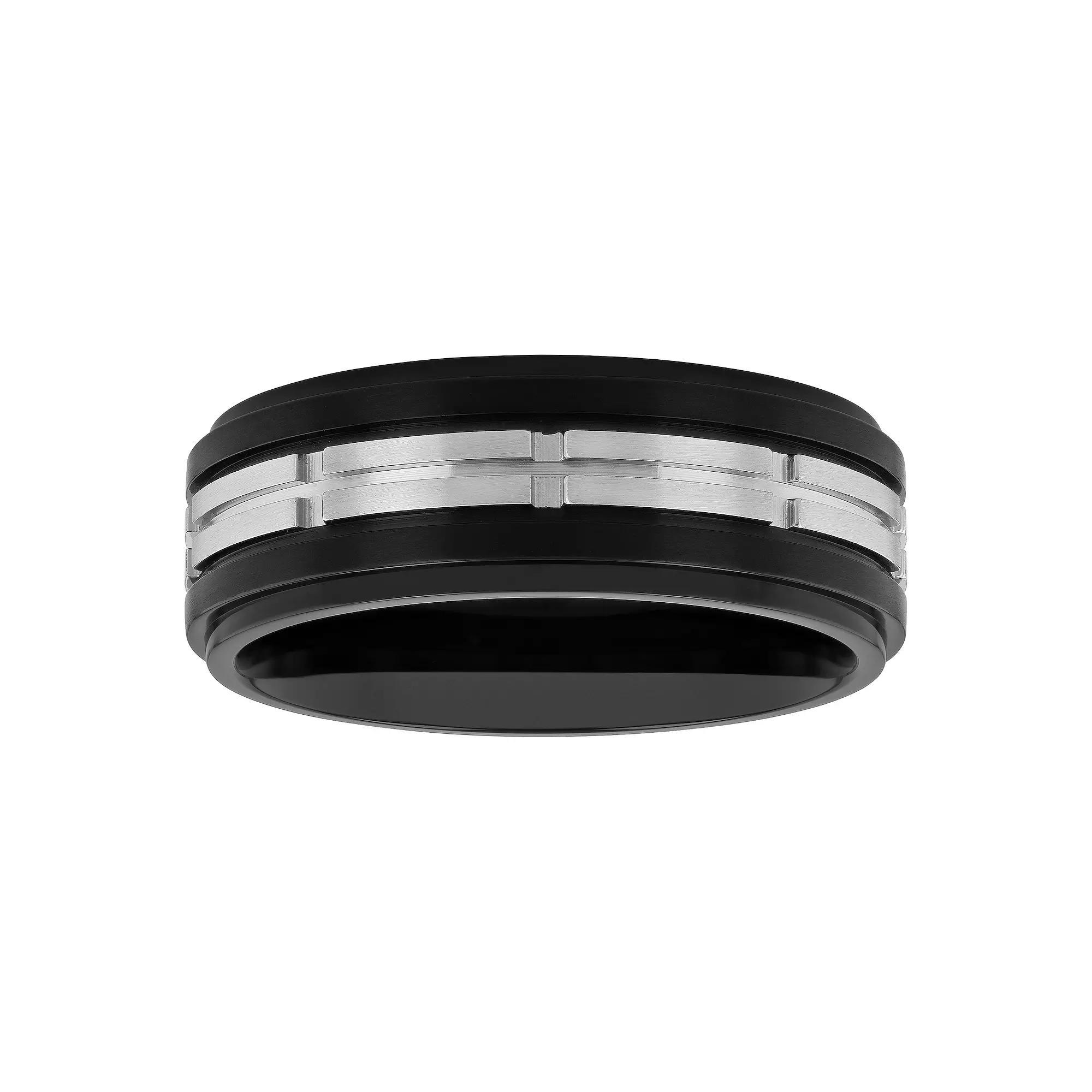 Men's Black & Gray Stainless Steel Treaded Wedding Band, Size: 13, Two Tone Product Image