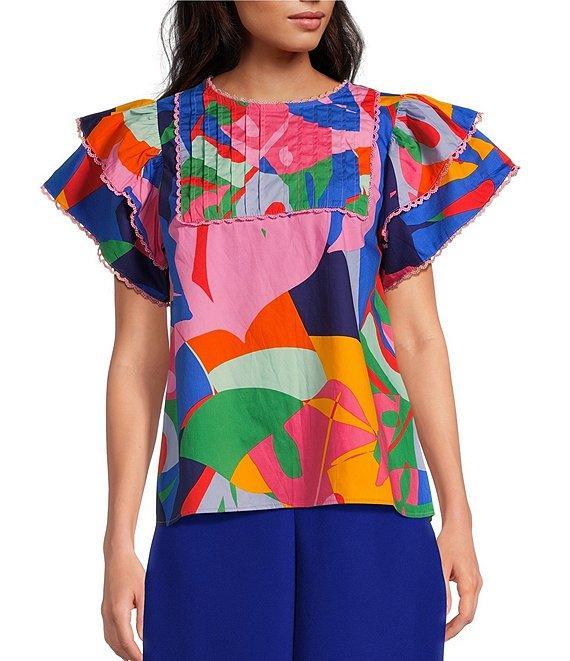 Sugarlips Tropical Abstract Floral Print Pin Tuck Lace Trim Top Product Image