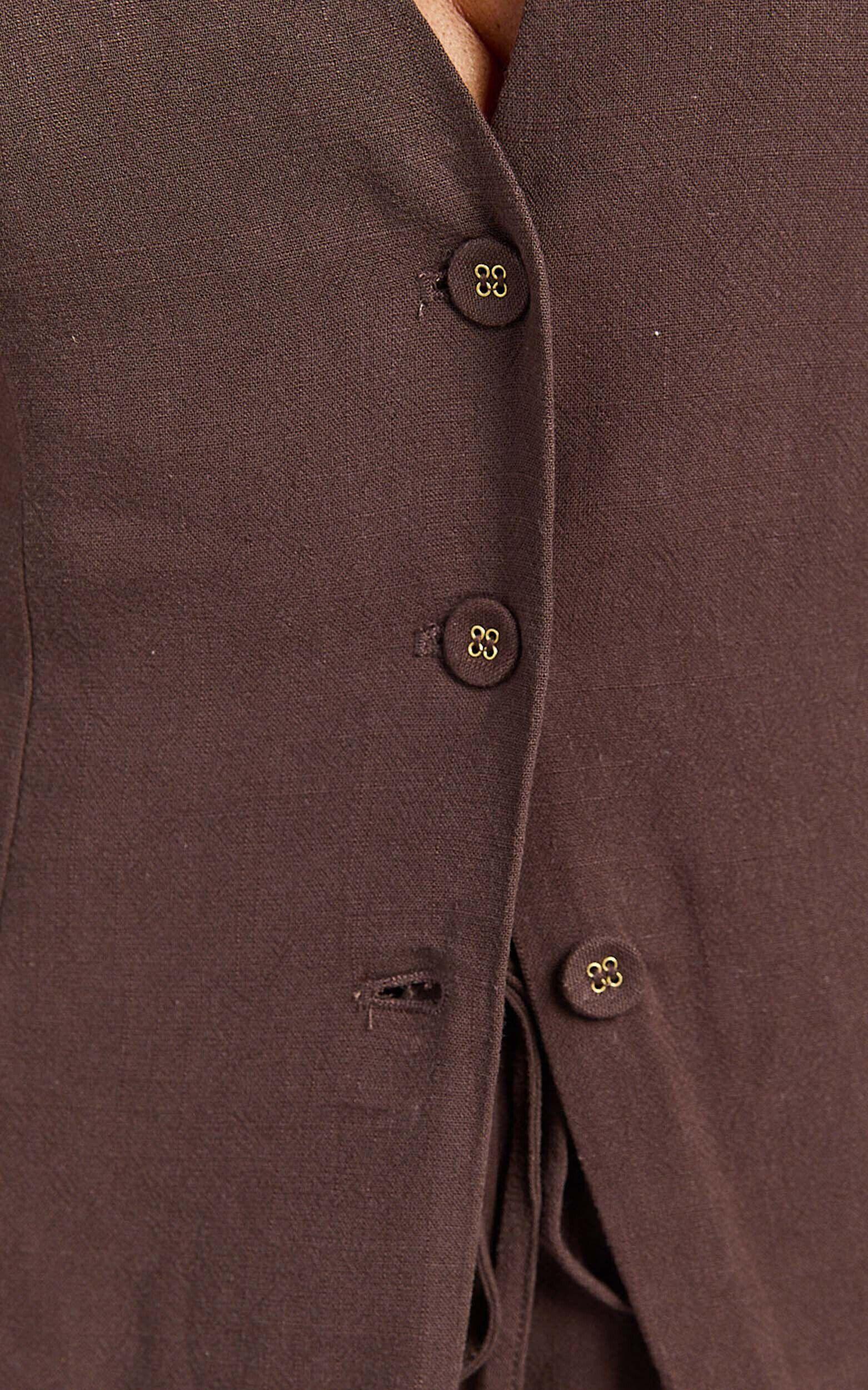 Olivia Top - Longline Linen V Neck Back Tie Vest Top in Chocolate Product Image