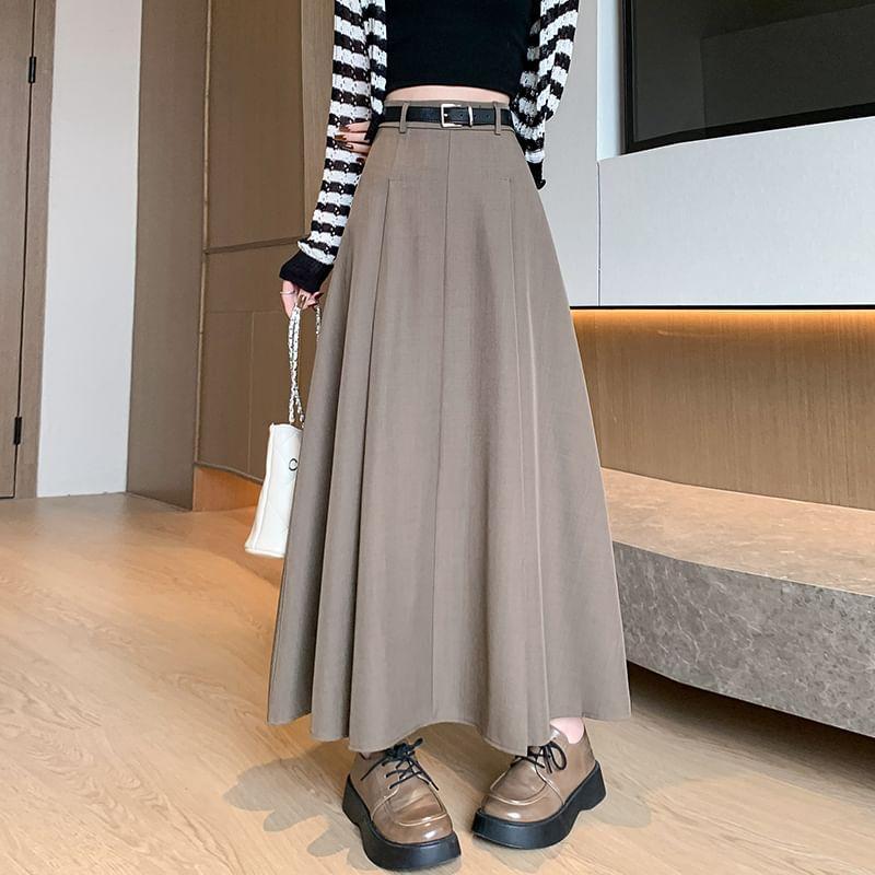 High Waist Plain Pleated Maxi A-Line Skirt Product Image