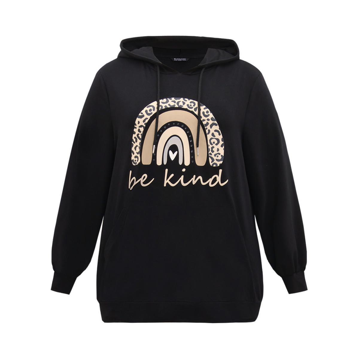 Plus Size Rainbow Print Hooded Pocket Drawstring Sweatshirt Women Black Casual Elastic cuffs Dailywear Sweatshirts BloomChic 12/L Product Image