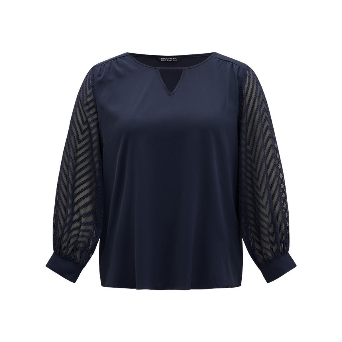 Plus Size Indigo Plain Keyhole Lace Patchwork Lantern Sleeve Blouse Women Office Long Sleeve Keyhole Cut-Out Work Blouses BloomChic 22-24/3X Product Image