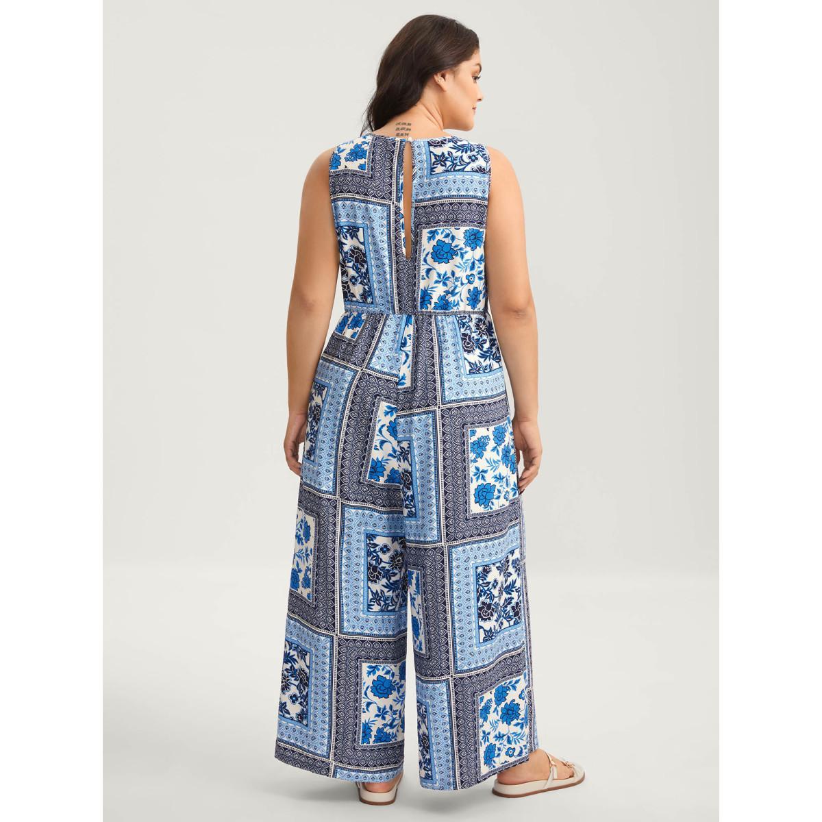 Plus Size DarkBlue Floral Collage Shirred Straight-Leg Jumpsuit Women Sleeveless U-neck Everyday-Casual Loose Jumpsuits BloomChic 14-16/1X Product Image