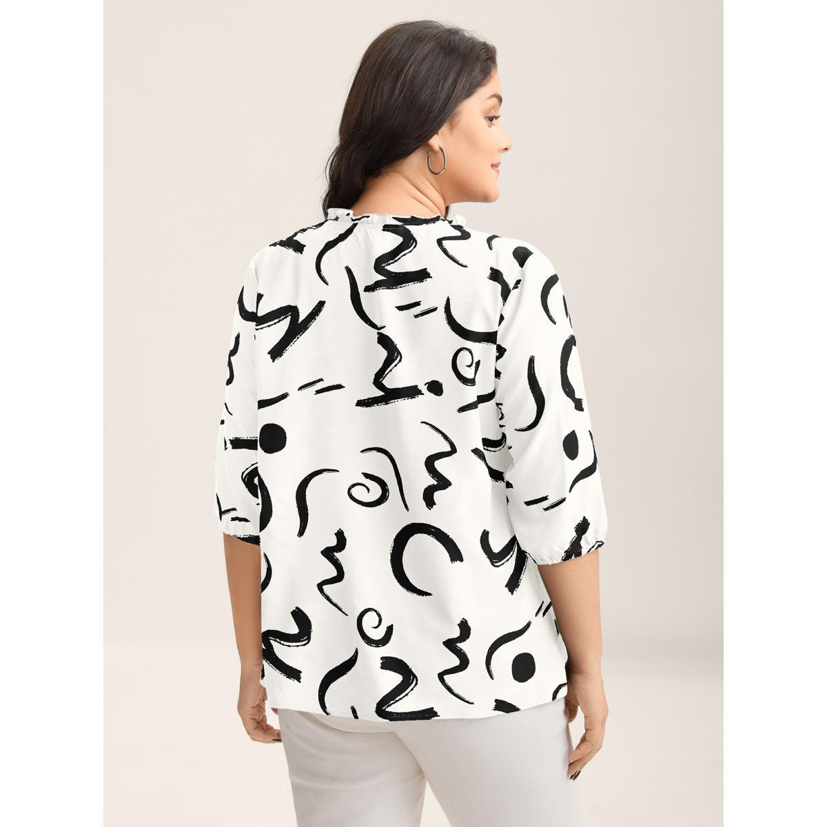 Plus Size Originalwhite Scribble Print Ruffled Split Neck Blouse Women Elbow-length sleeve Notched collar Work Blouses BloomChic 12/L Product Image