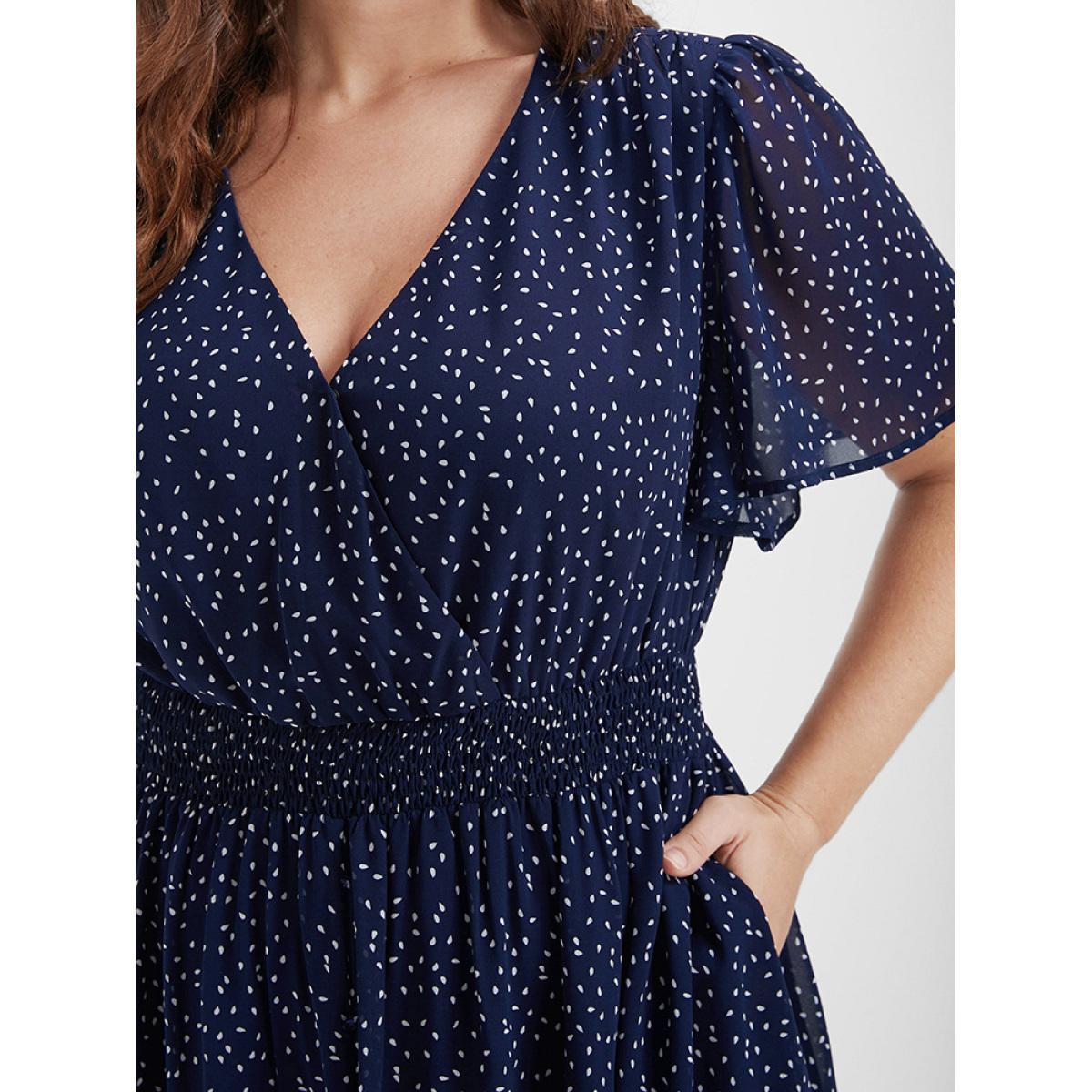 Polka Dot Button Pocket Shirred Ruffles Wrap Dress Product Image