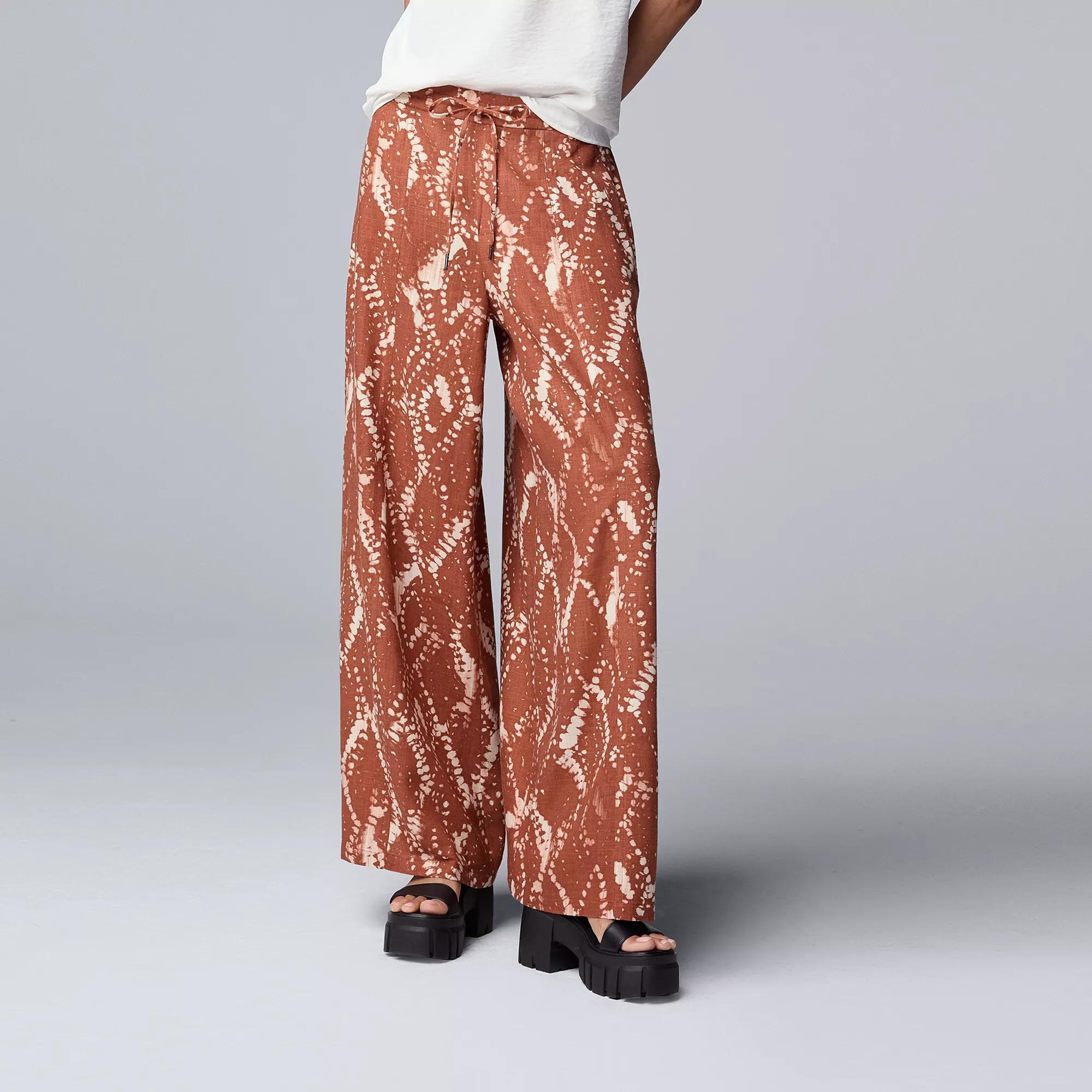 Petite Simply Vera Vera Wang Wide Leg Linen Pants, Women's, Size: Large Petite, Brown Diamond Dye Product Image