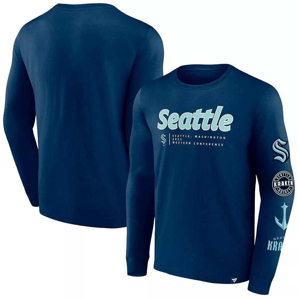 Men's Fanatics Branded Deep Sea Blue Seattle Kraken Strike the Goal Long Sleeve T-Shirt,  Product Image