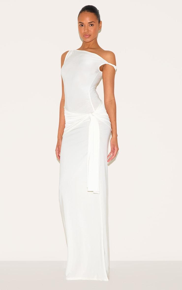 Cream Slinky Off Shoulder Wrap Detail Maxi Dress Product Image