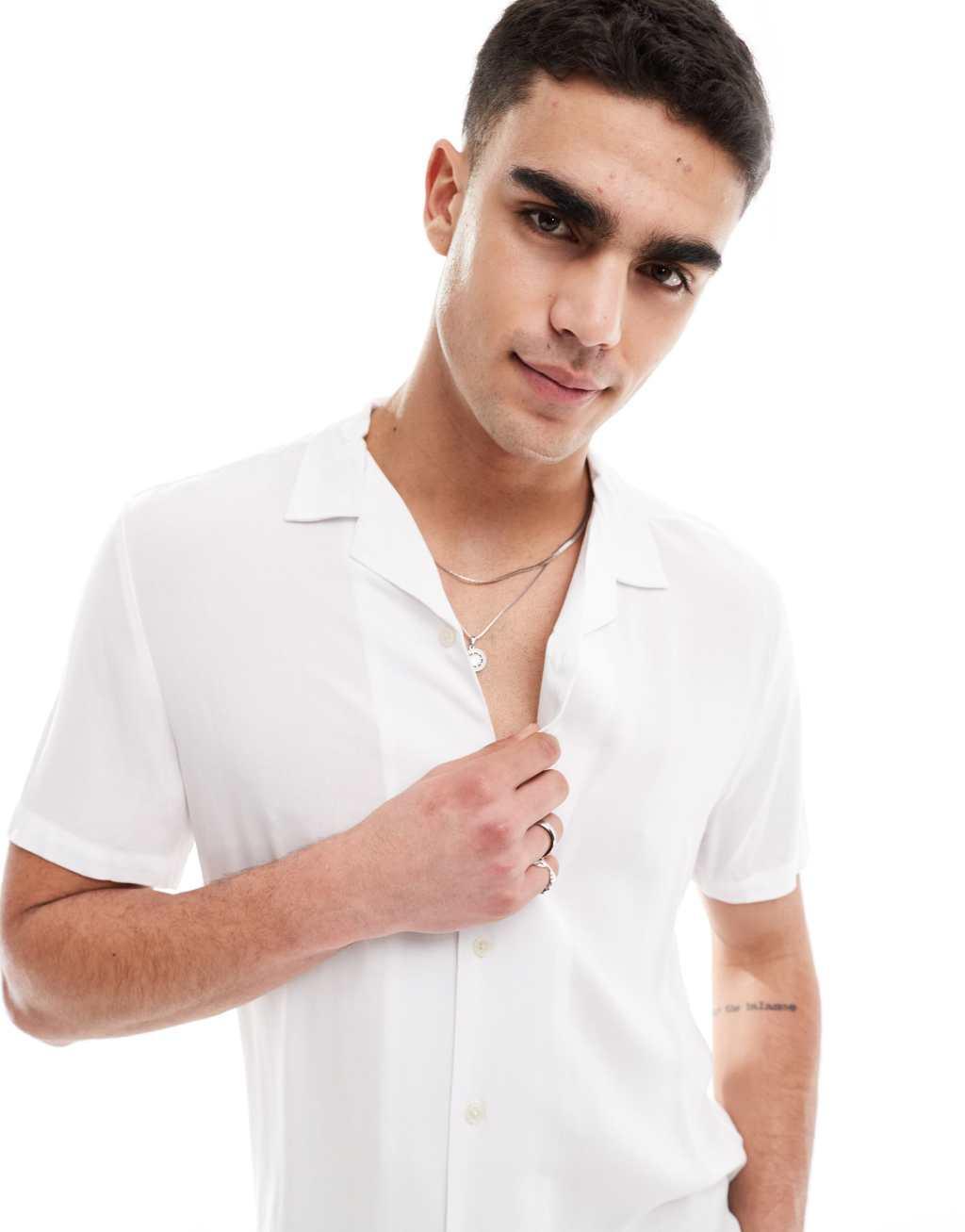 ASOS DESIGN viscose shirt with camp collar in white Product Image