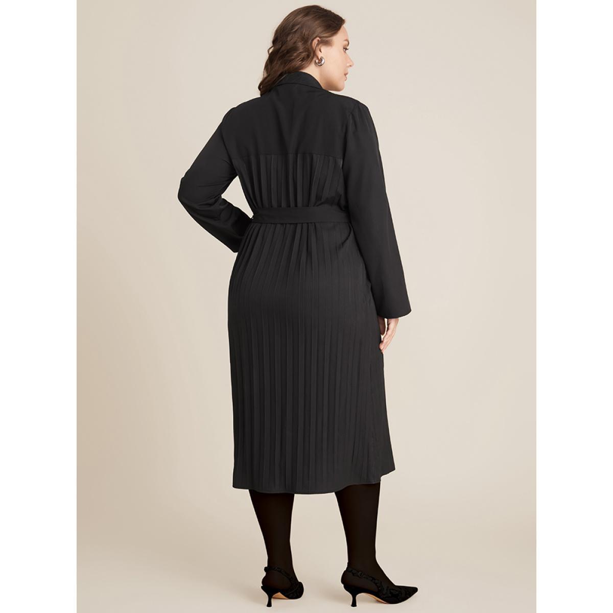 Plus Size Solid Belted Pleated Shirt Collar Dress Black Women Office Belted Shirt collar Long Sleeve Curvy Midi Dress BloomChic 18-20/2X Product Image