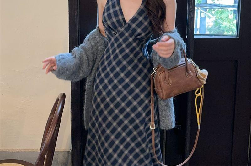 Halter V-Neck Plaid Maxi A-Line Dress / Plain Cable Knit Open Front Cardigan Product Image