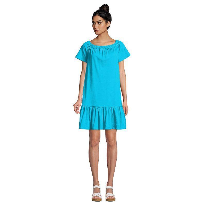 Womens Lands End Off the Shoulder Ruffled Swim Cover-Up Dress Blue Tropical Scenic Product Image