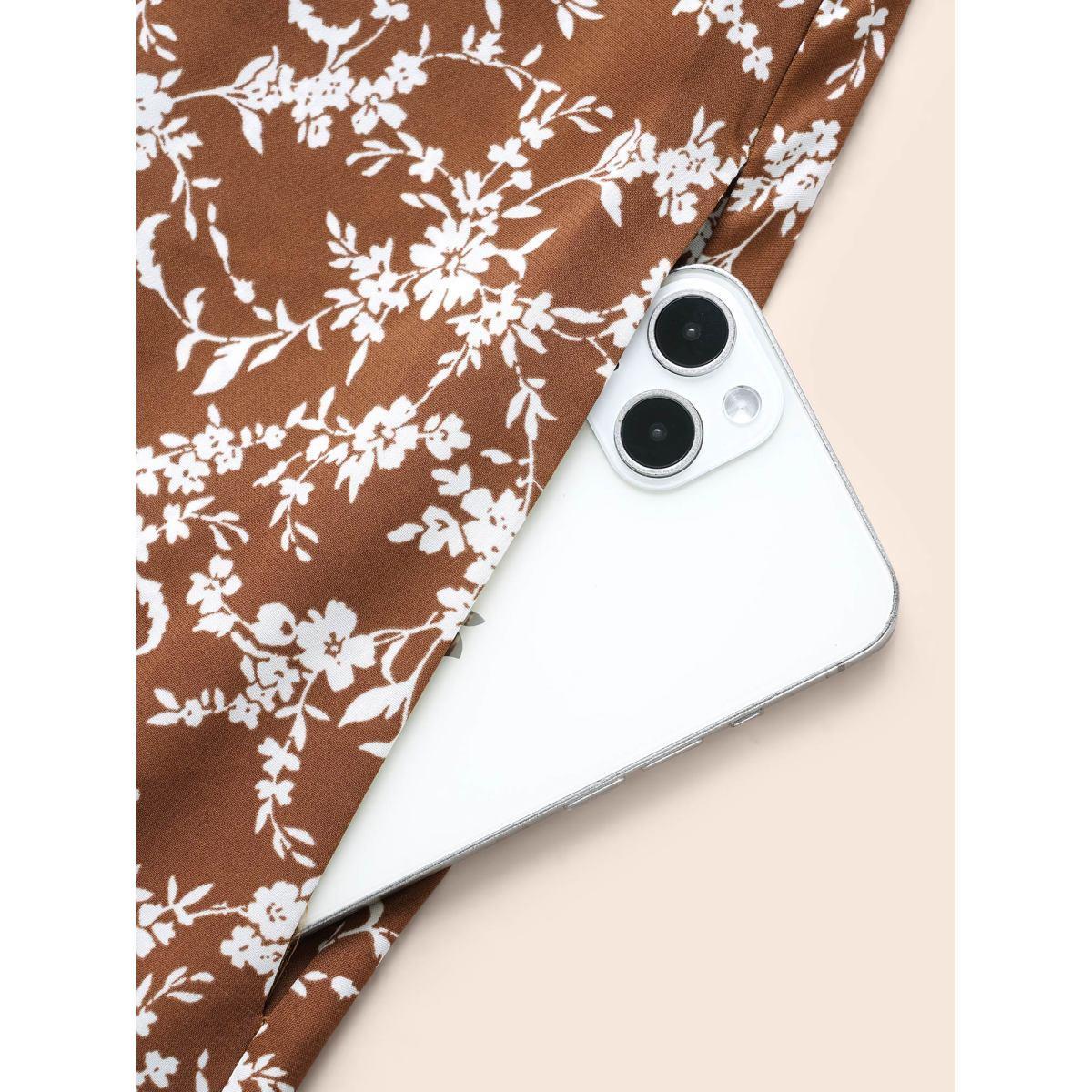 Plus Size Ditsy Floral Shirred Ruffle Hem Dress Browncoffeecolor Women Elegant Shirred V-neck Short sleeve Curvy BloomChic 26/4X Product Image