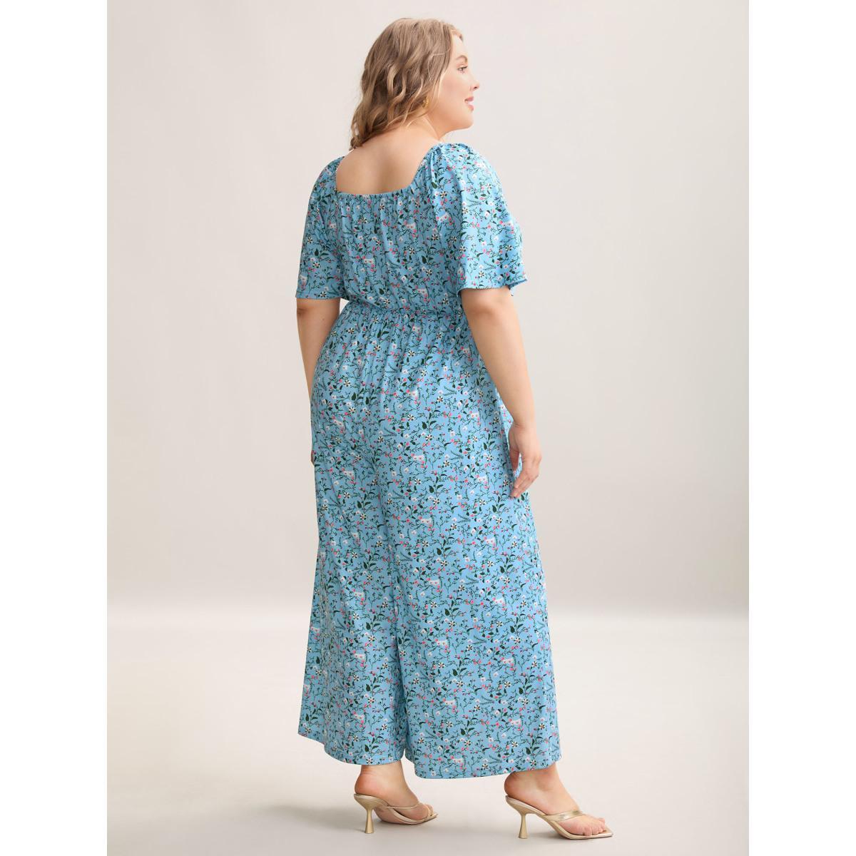 Plus Size Stone Floral Print Square Neck Knit Jumpsuit Women Elegant Short sleeve Square Neck Everyday-Elegant Loose Jumpsuits BloomChic 22-24/3X Product Image