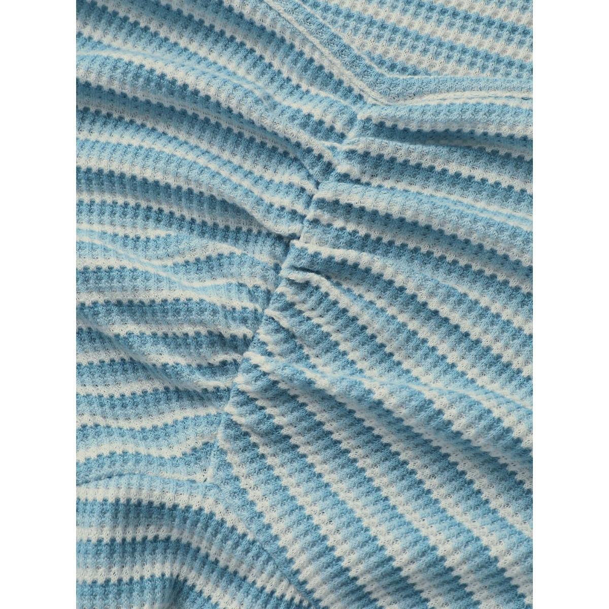 Plus Size Stripes Waffle Knit Ruched Pocket Dress LightBlue Women Casual Gathered Heart neckline Short sleeve Curvy BloomChic 18-20/2X Product Image