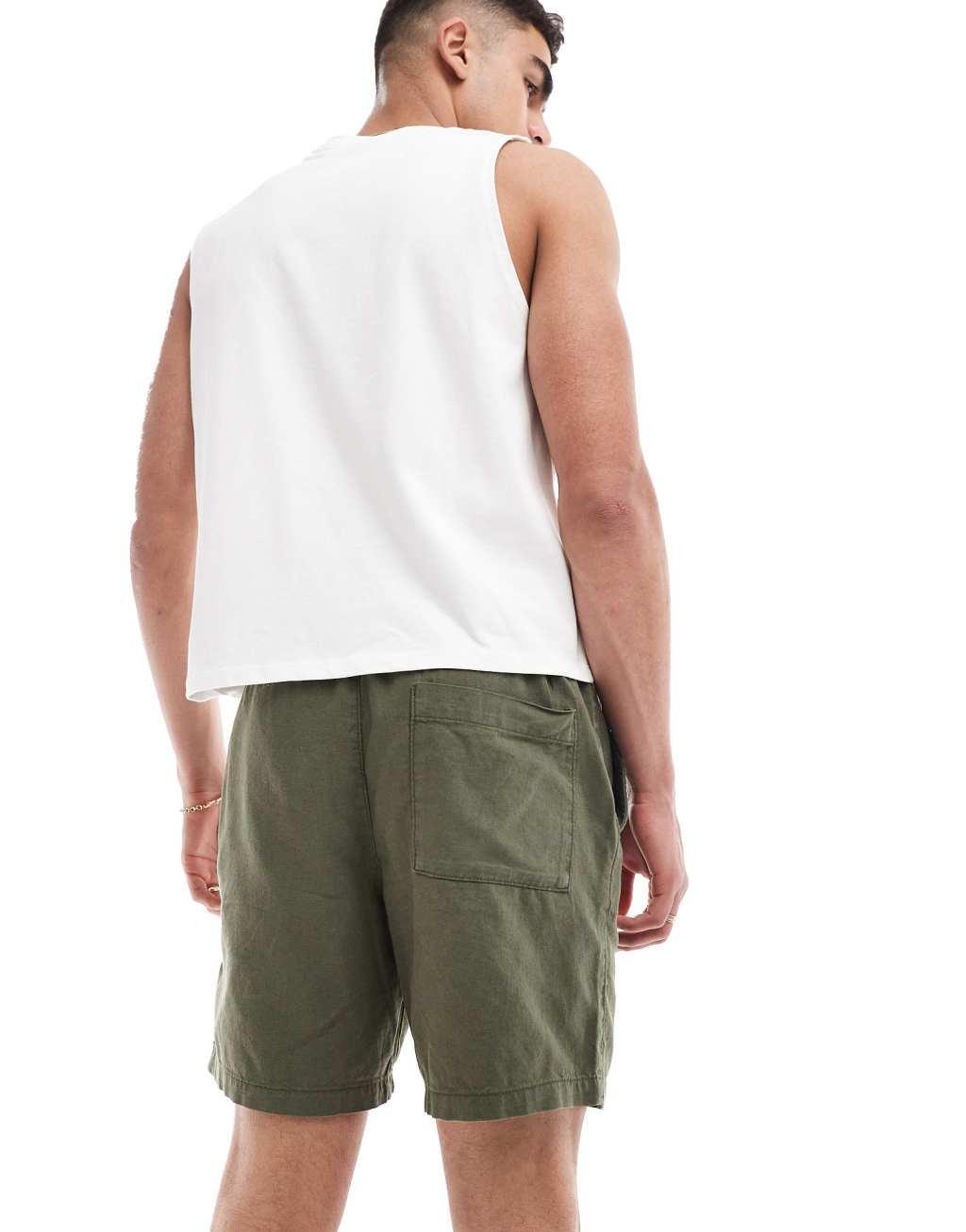 ASOS DESIGN slim linen mix shorts in khaki Product Image