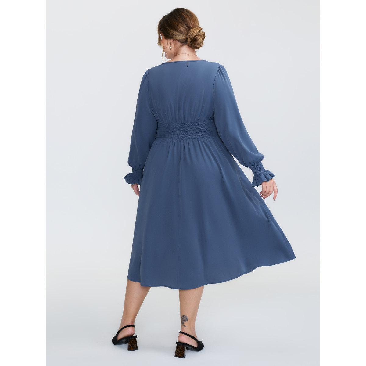 Plus Size Pearl Metal Trim Buttons Shirred Midi Dress Stone Women Timeless Gathered V-neck Long Sleeve Curvy BloomChic 28/5X Product Image