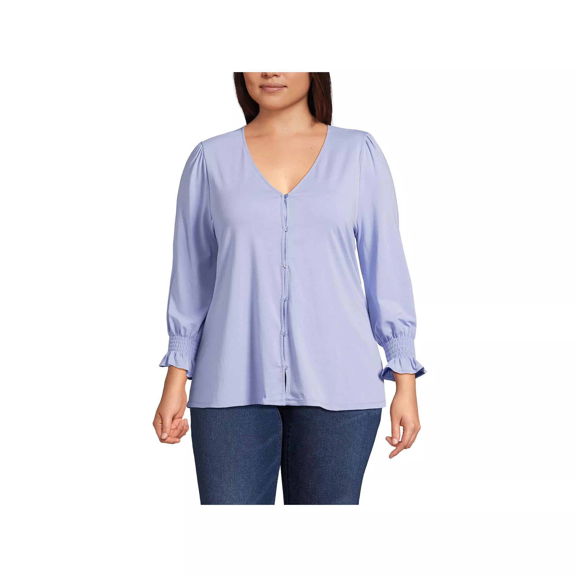 Plus Size Lands End 3/4 Sleeve Lightweight Jersey Button Front Top, Womens Product Image