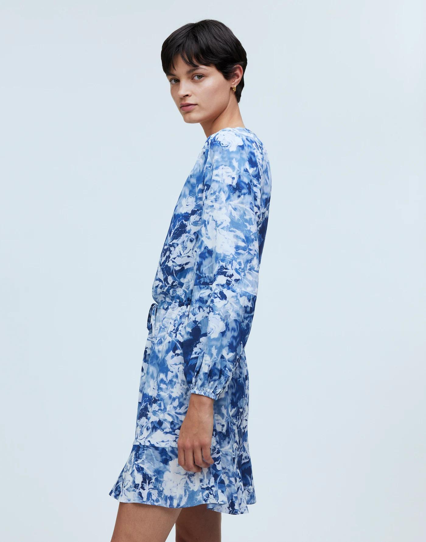 Tie-Waist Mini Shirtdress in Floral Crepe Product Image