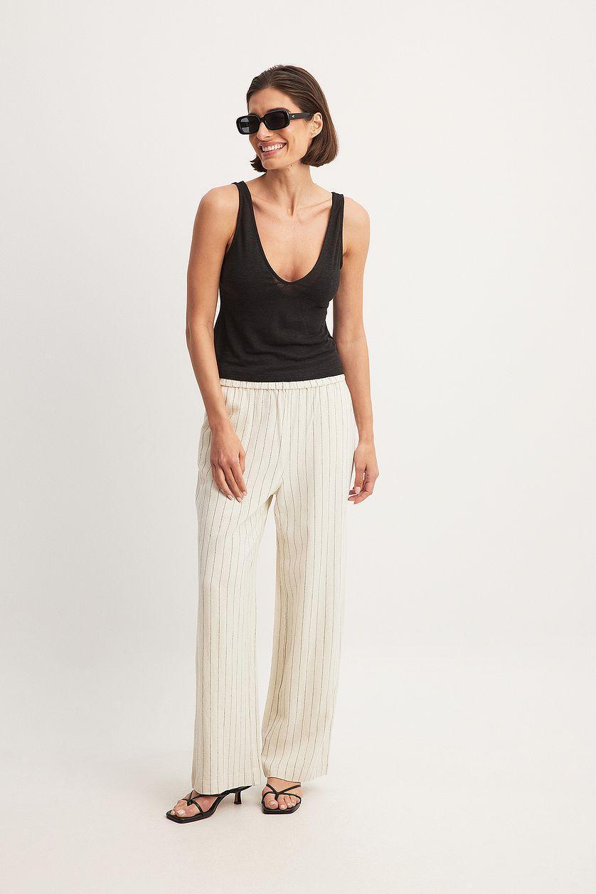 Elastic Mid Waist Linen Blend Pants Product Image