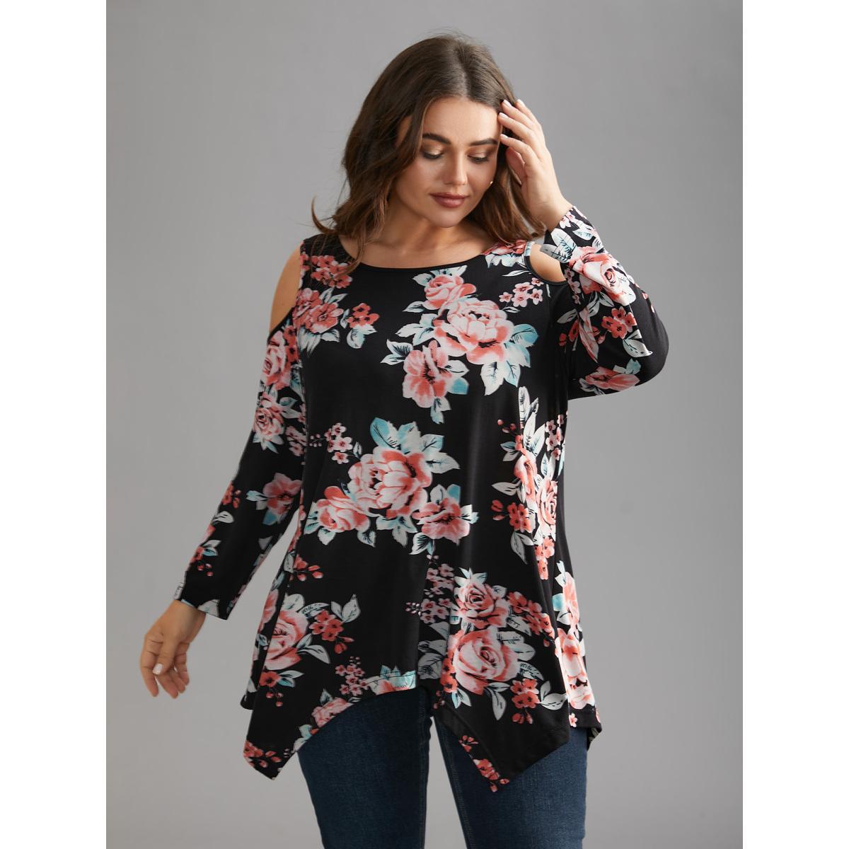 Plus Size Floral Print Shoulder Cut-Out T-shirt Black Women Elegant Contrast Natural Flowers Round Neck Loose Everyday T-shirts BloomChic 18-20/2X Product Image