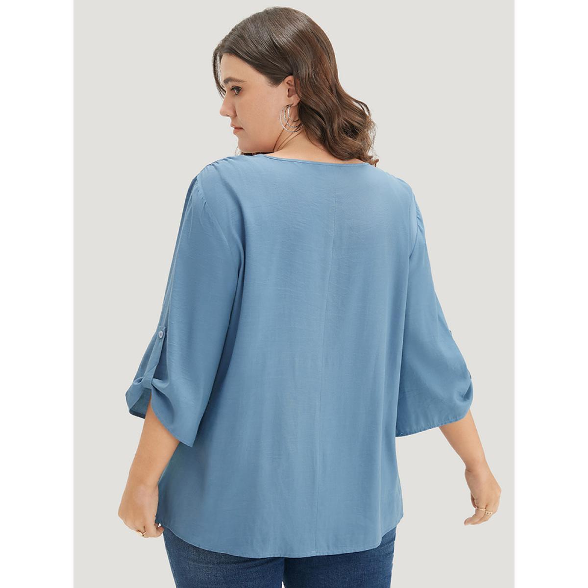 Plus Size Stone Solid Zipper Half Gathered Cuffed Sleeve Blouse Women Office Elbow-length sleeve V-neck Work Blouses BloomChic 12/L Product Image