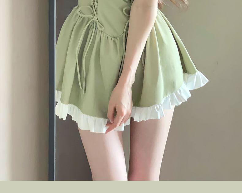 Cap-Sleeve Two Tone Bow Lace-Up Swim Dress Product Image