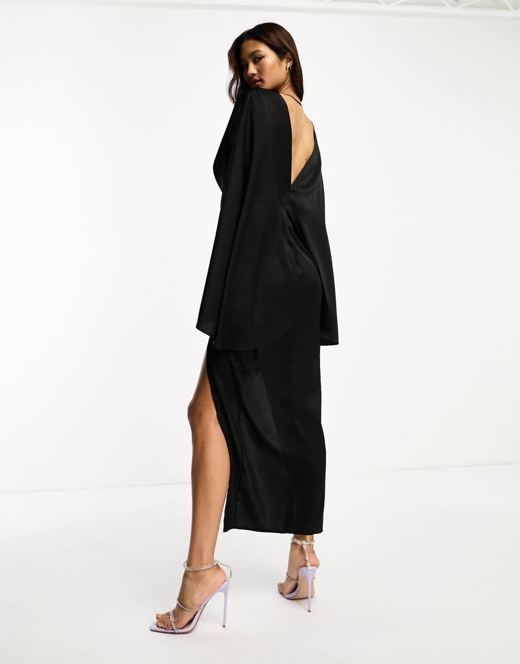 ASOS DESIGN satin batwing pleat midi dress with drape skirt Product Image