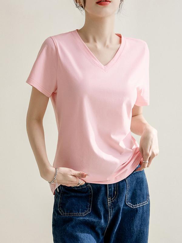Loose Short Sleeves Solid Color V-Neck T-Shirts Tops Product Image