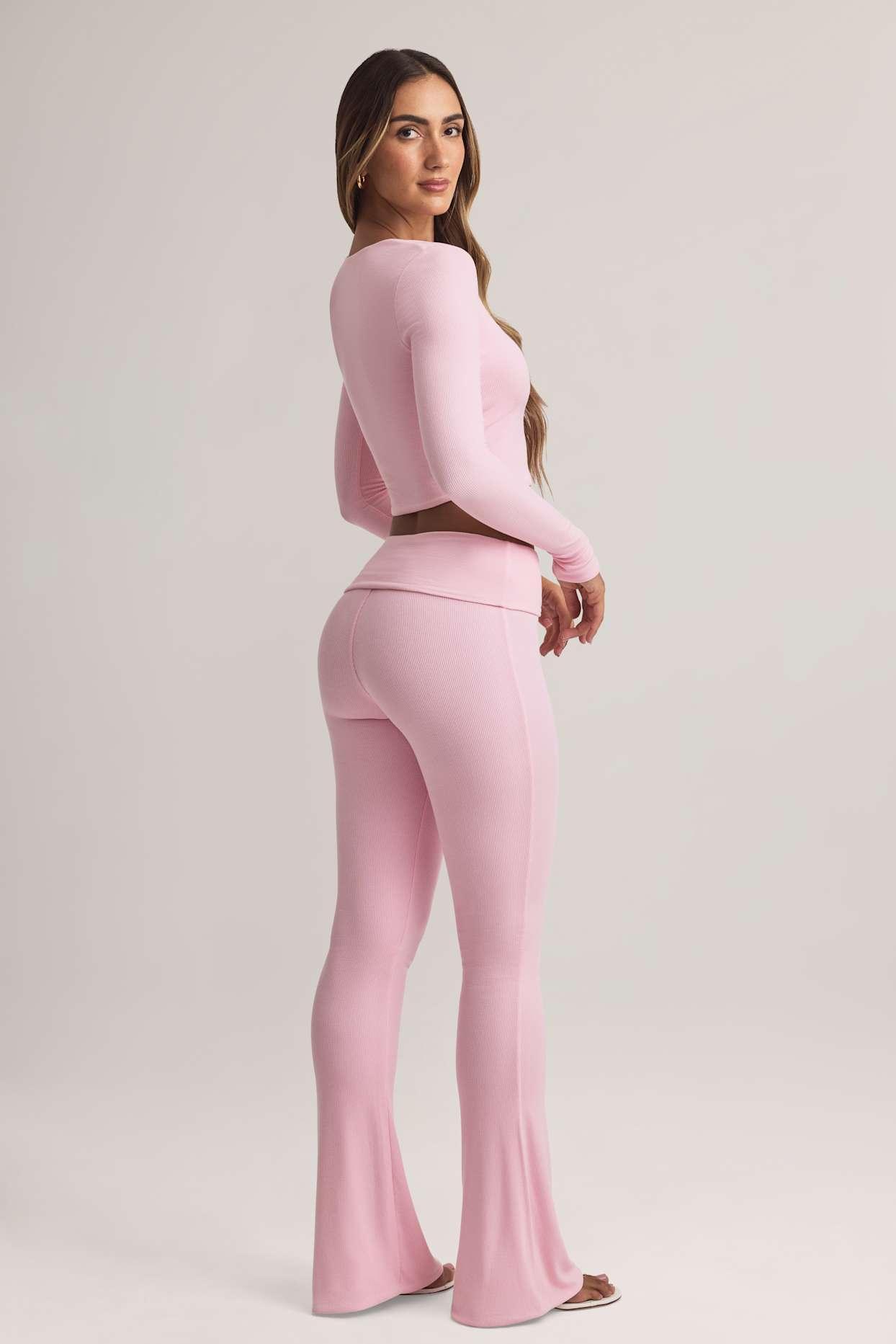 Modal Foldover Mid-Rise Flared Trousers in Pastel Pink Product Image