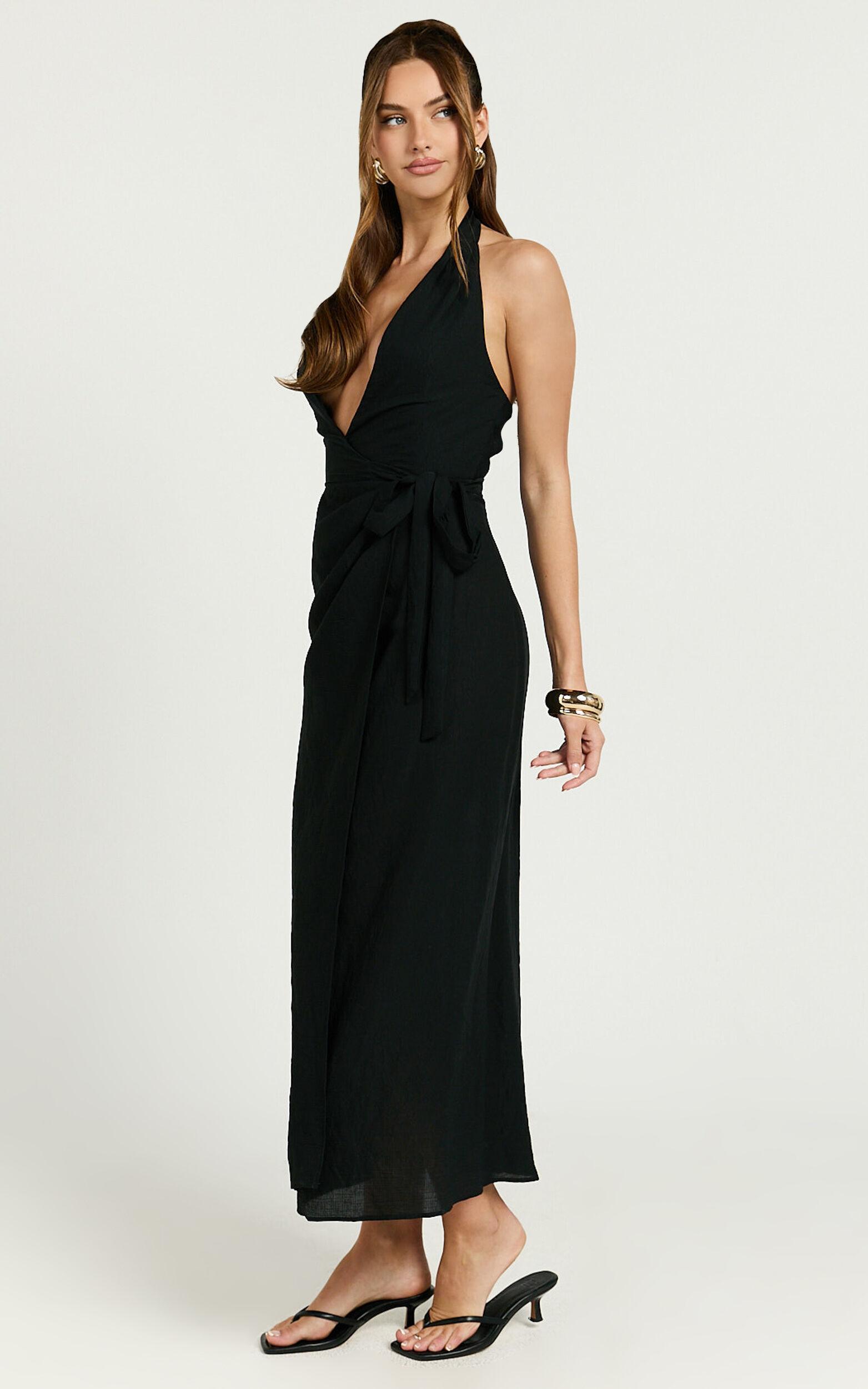 Robbie Midi Dress - Plunge Halter Midi Wrap Dress in Black Product Image