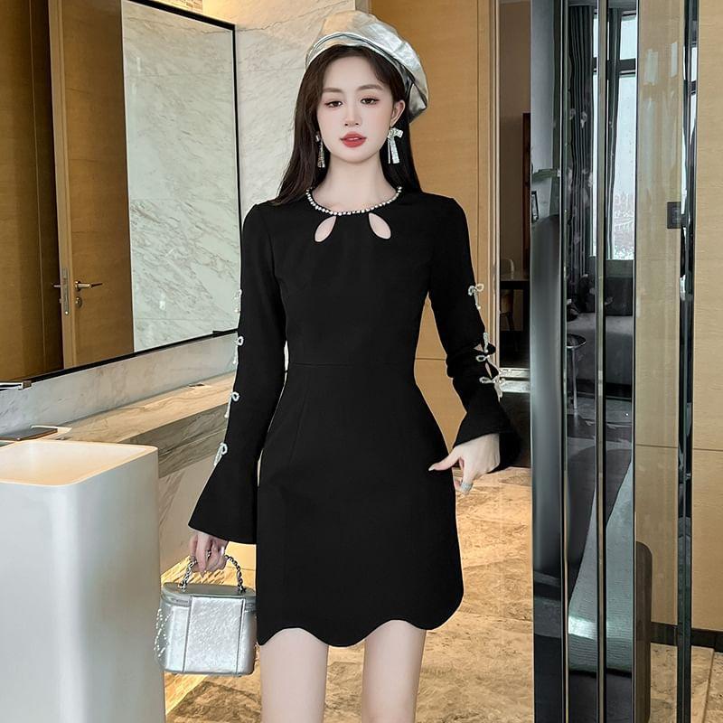 Long-Sleeve Round Neck Cutout Bow Rhinestone Mini A-Line Dress Product Image