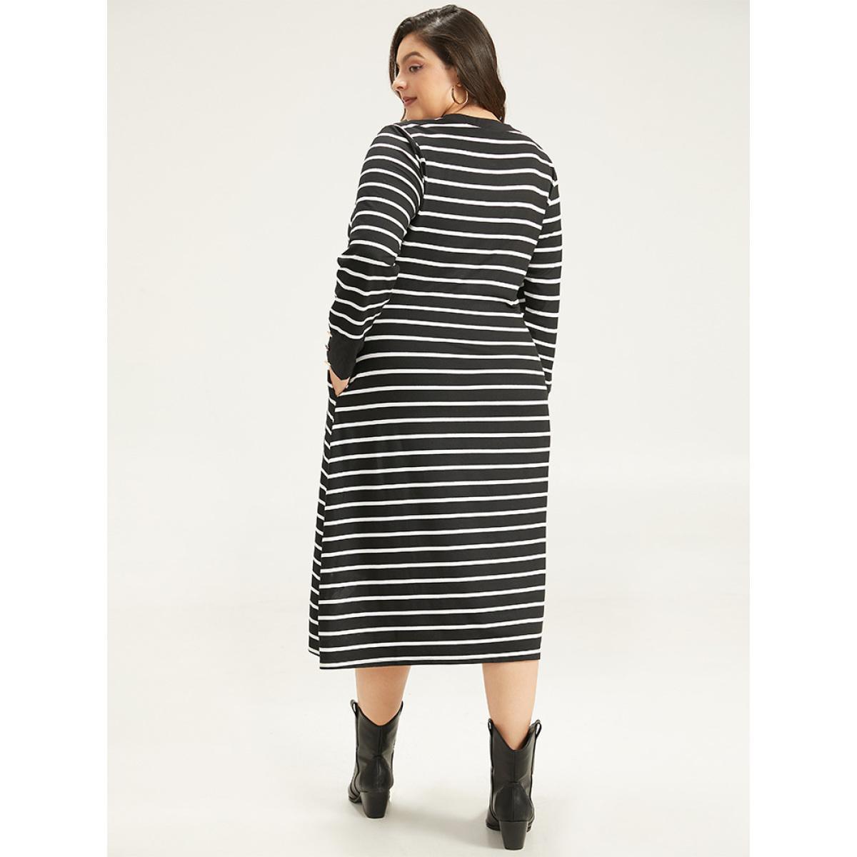 Plus Size Rib Knit Striped Button Detail Patchwork Dress Black Women Casual Printed Round Neck Long Sleeve Curvy Midi Dress BloomChic 30/6X Product Image