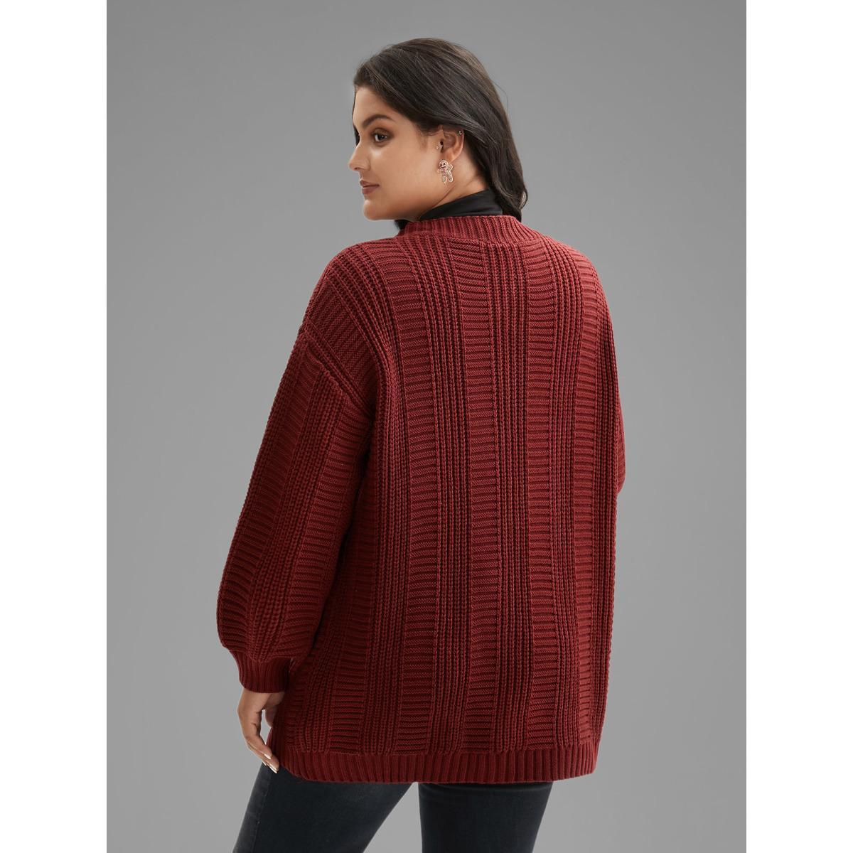 Plus Size Cable Knit Ribbed Detailing Open Front Cardigan Deepred Women Casual Loose Long Sleeve Everyday Cardigans BloomChic 30/6X Product Image