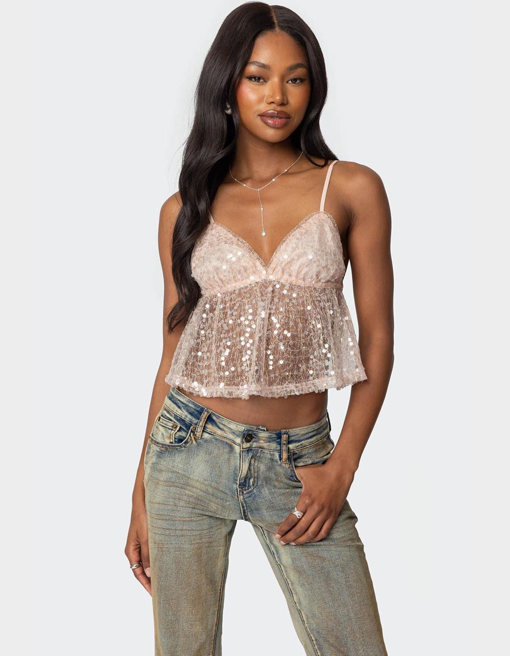 EDIKTED Sheer Sequin Babydoll Tank Top Product Image