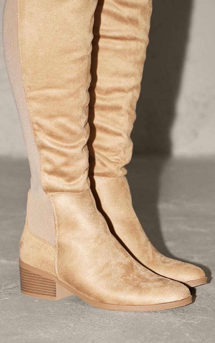 Beige Faux Suede Point Toe Low Block Heeled Knee High Boots Product Image