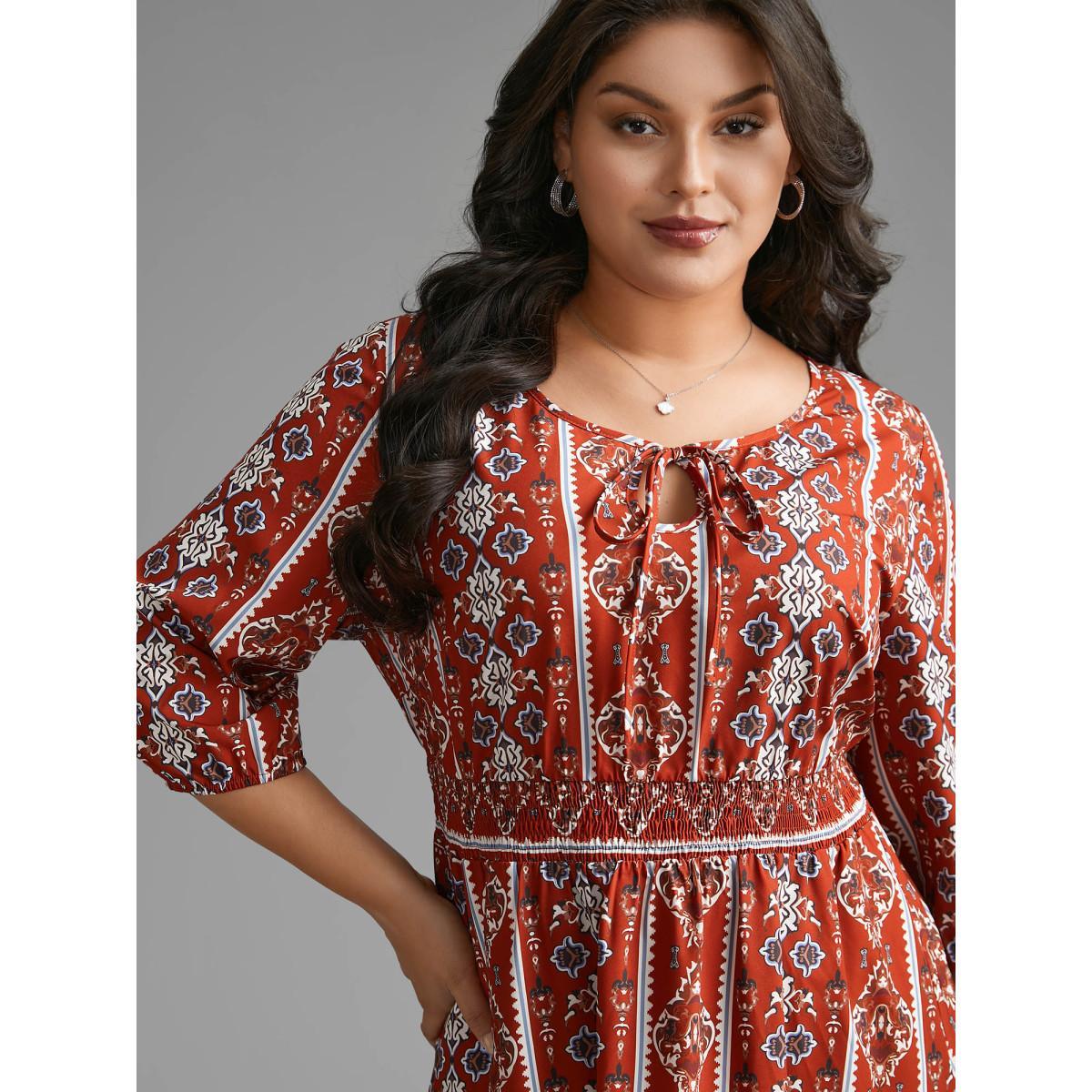 Plus Size Boho Print Shirred Tie Knot Midi Dress Russet Women Resort Tie knot V-neck Elbow-length sleeve Curvy BloomChic 30/6X Product Image