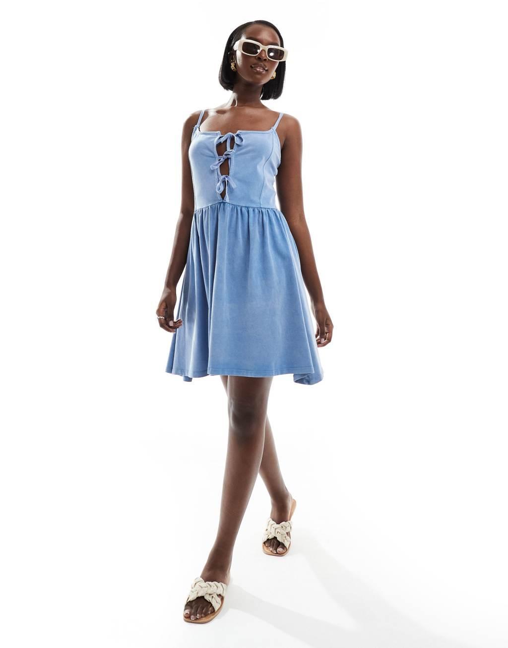 ASOS DESIGN cami mini dress with tie front bodice and full skirt in blue Product Image