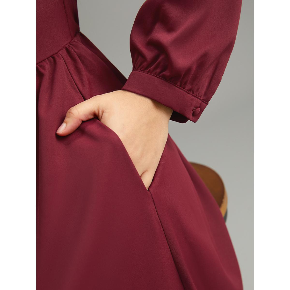 Plus Size Twill Pleated Beaded Long Sleeve Dress DarkBlue Women Elegant Plain V-neck Long Sleeve Curvy Midi Dress BloomChic 22-24/3X Product Image