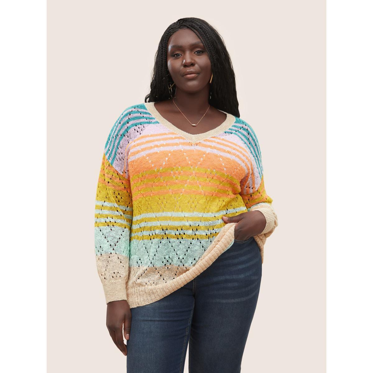 Plus Size Color Striped Hollow Out Pullover Multicolor Women Playful Long Sleeve V-neck Casual Pullovers BloomChic 10/M Product Image