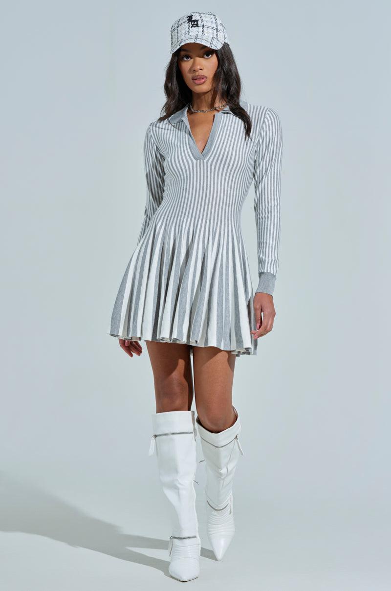 ALINA PLEATED KNIT FIT AND FLARE MINI DRESS WITH LONG SLEEVES Product Image