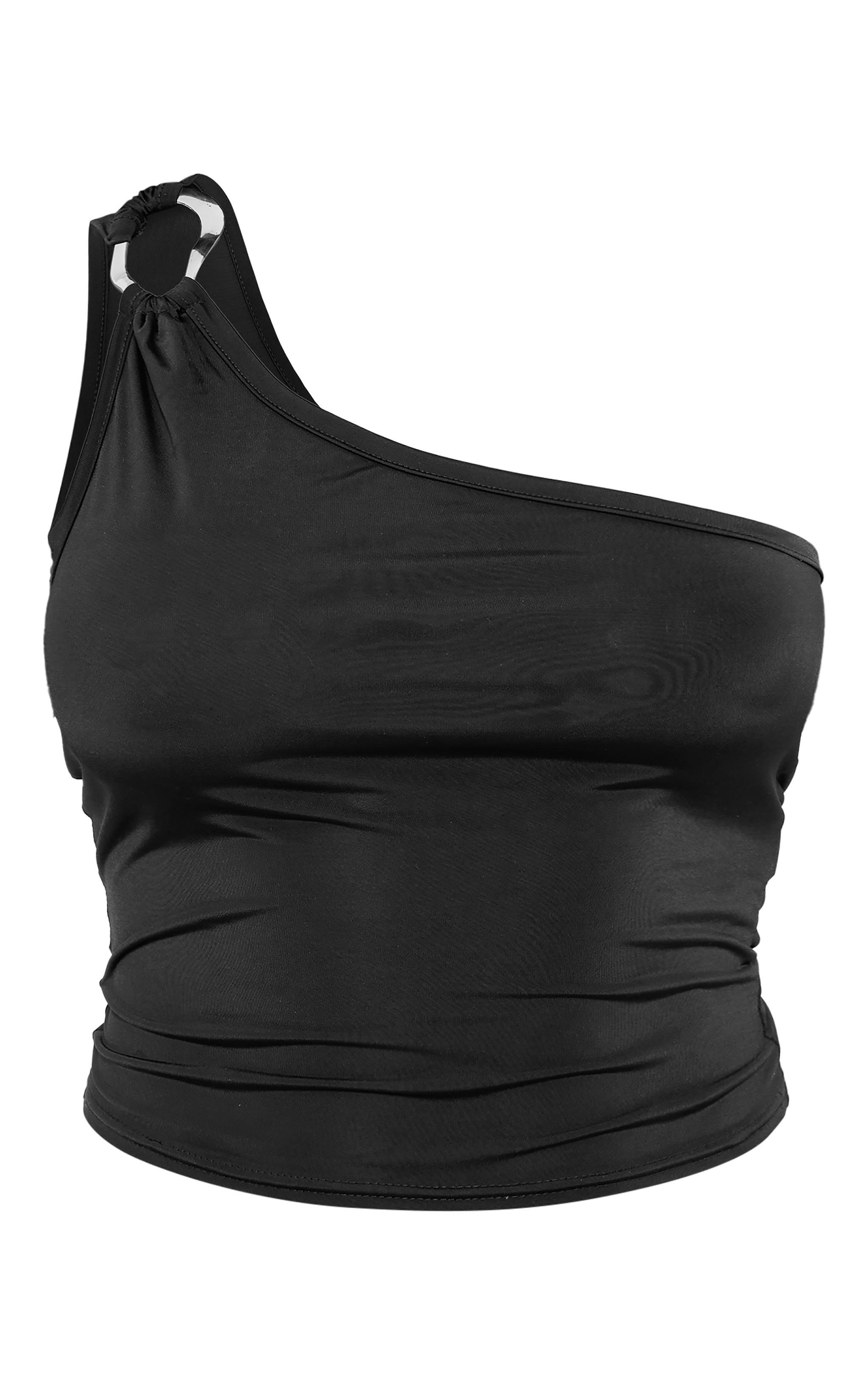 Black Slinky Trim Detail Asymmetric Crop Top Product Image