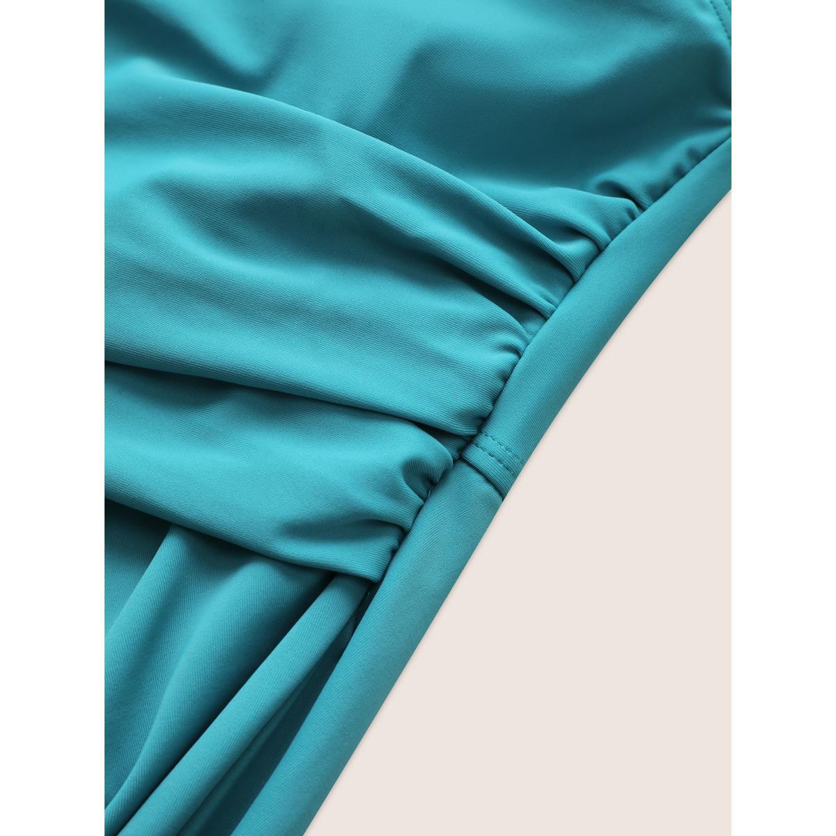 Plus Size Plain Crossover Gathered Detail Swim Dress Women's Swimwear Teal Beach Bodycon Heart neckline High stretch Curve Swim Dresses BloomChic 30/6X Product Image