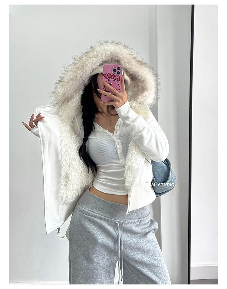 Asymmetrical Faux Fur-Collar Hooded Jacket Product Image