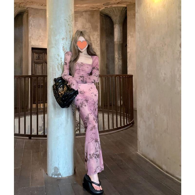 Long Sleeve Square Neck Floral Print Slit Maxi Sheath Dress Product Image