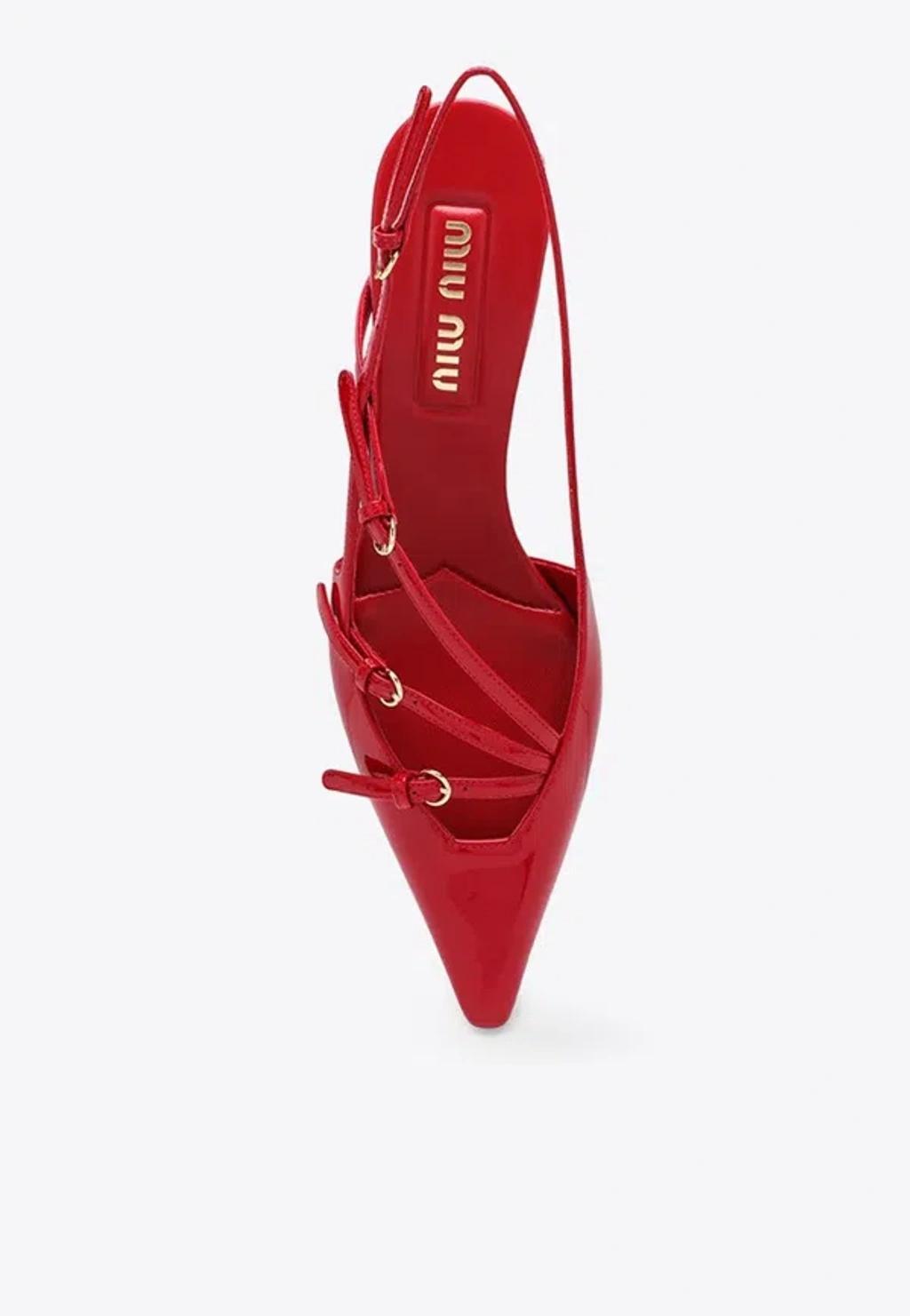 MIU MIU Patent Buckle-trio Slingback Pumps In Red Product Image