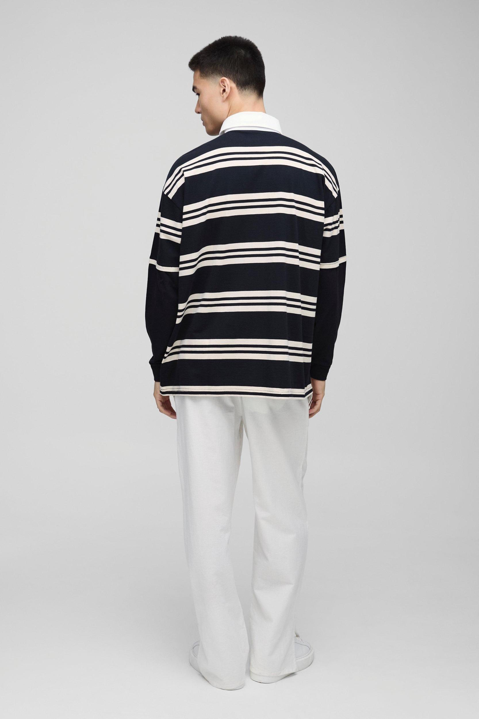 Oversized BM Signature Faux Layer Stripe Polo | boohooMAN USA Product Image